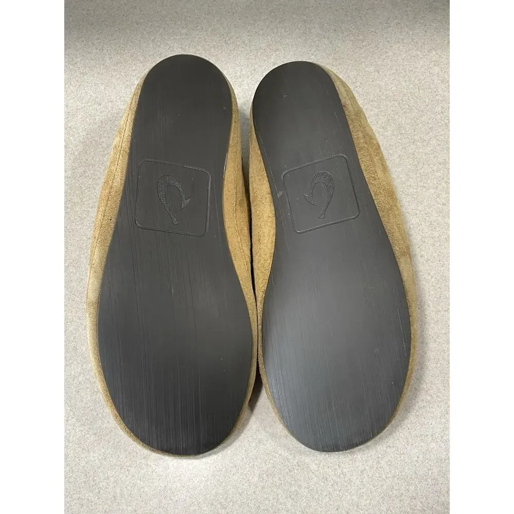 Olukai Moloa Slipper Men's Size 12 Beige Leather, Sheep Fur Lining, Drop In Heel